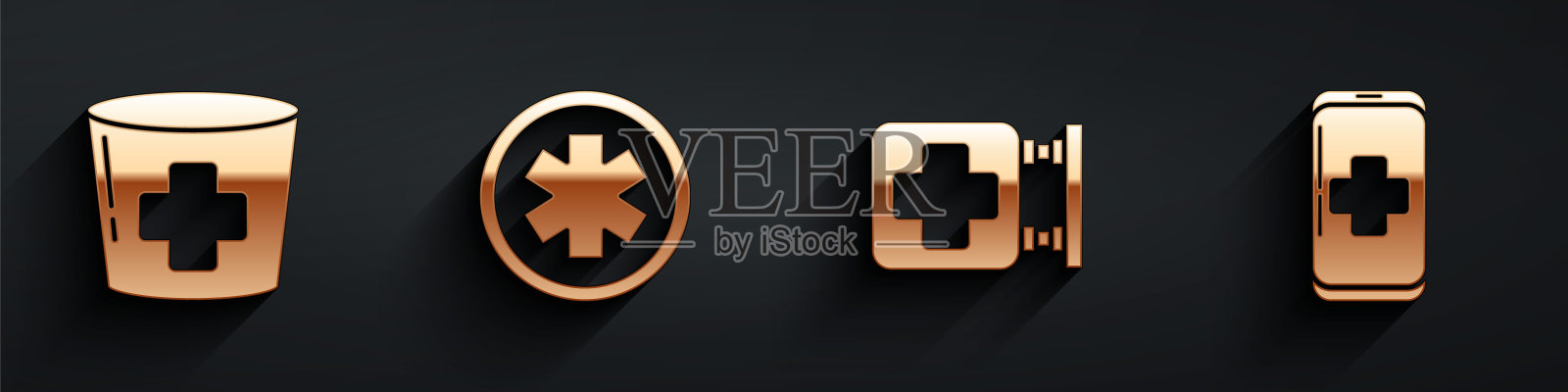 设置护士帽与十字,医疗符号的紧急,医院招牌和紧急移动电话医院与长影子图标。向量图标素材