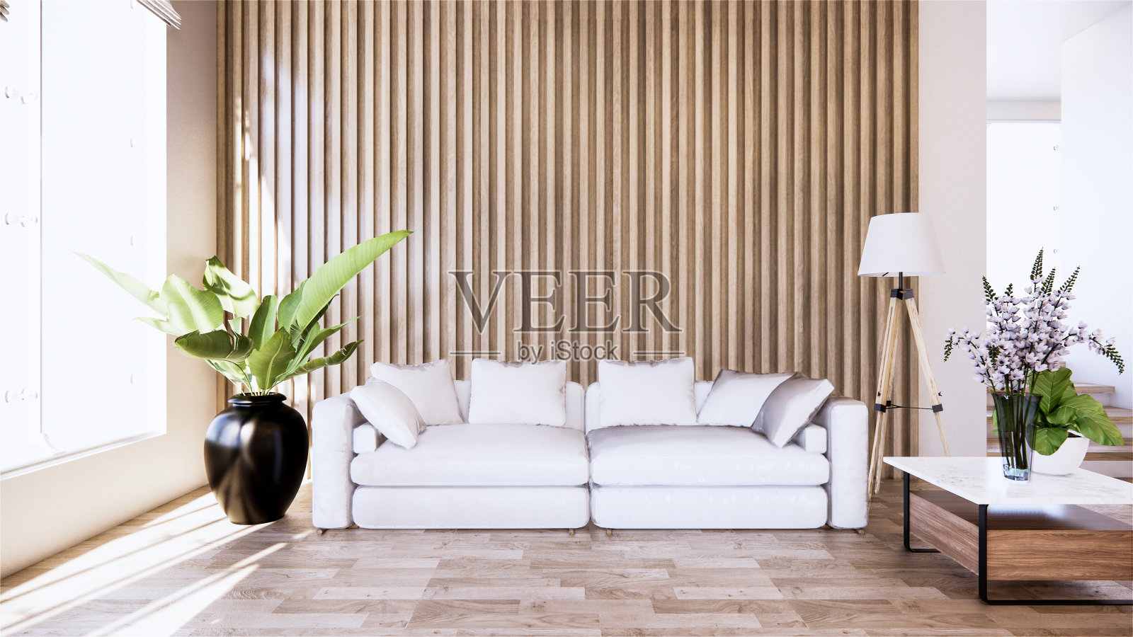 复古沙发木质日本设计,室内木地板。3d渲染照片摄影图片