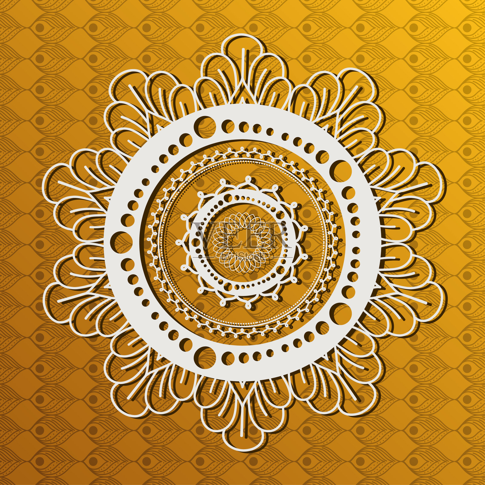 白色曼荼罗在花形状在橙色的背景矢量设计插画图片素材
