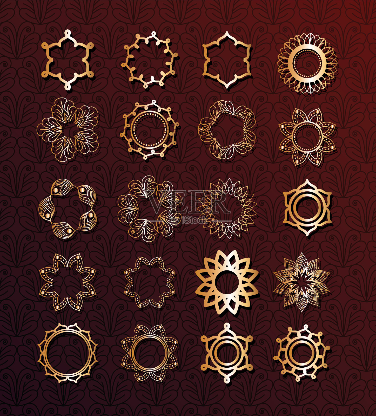 一套金色曼陀罗在棕色背景矢量设计插画图片素材