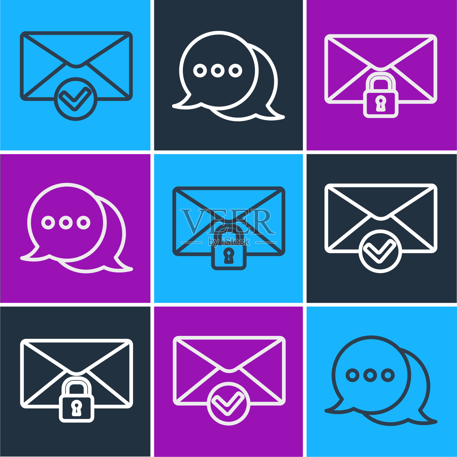 设置行信封和对号,邮件信息锁定密码和语音气泡聊天图标。向量图标素材