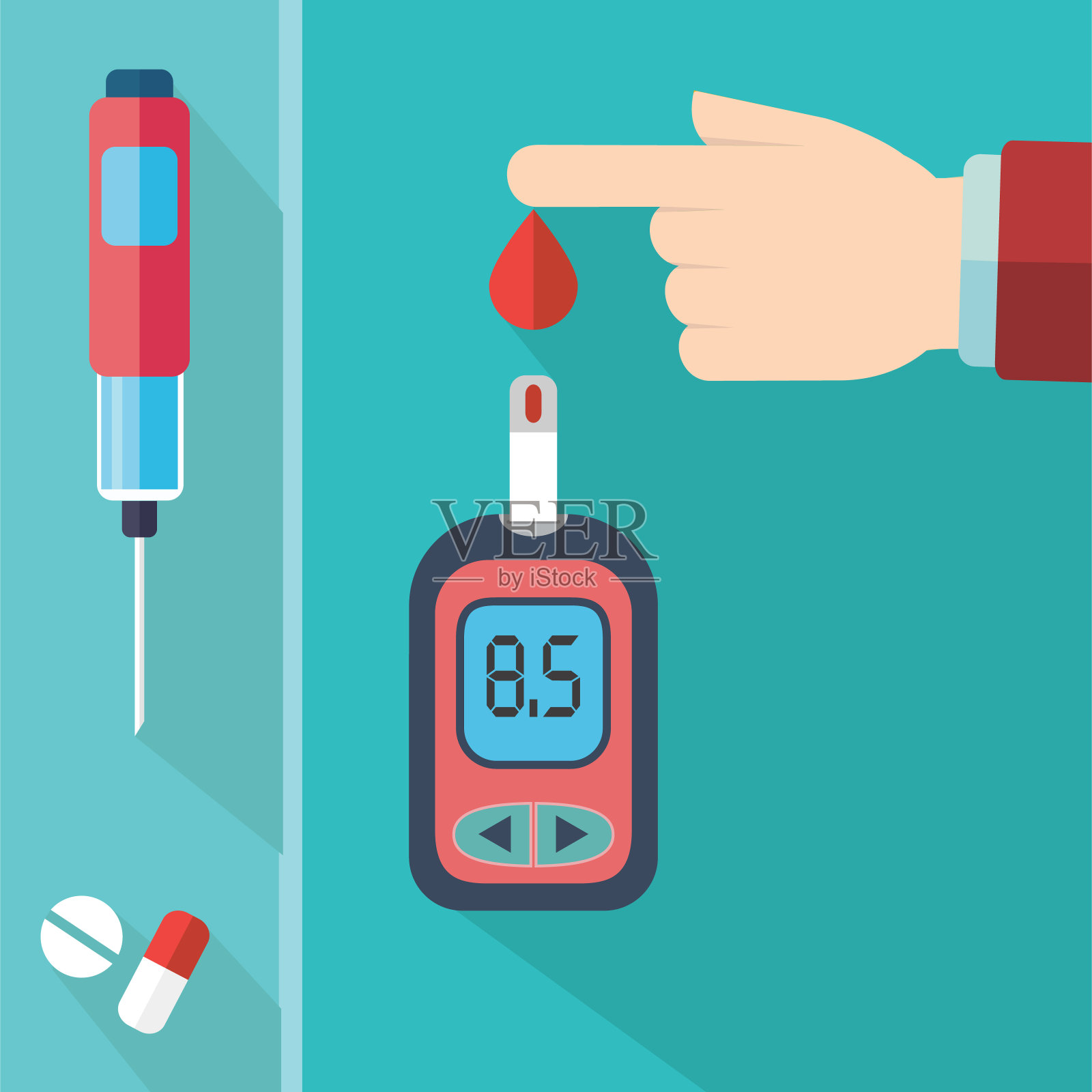 糖尿病血糖测试-手应用血滴血糖仪测试条-平面图标设置插画图片素材