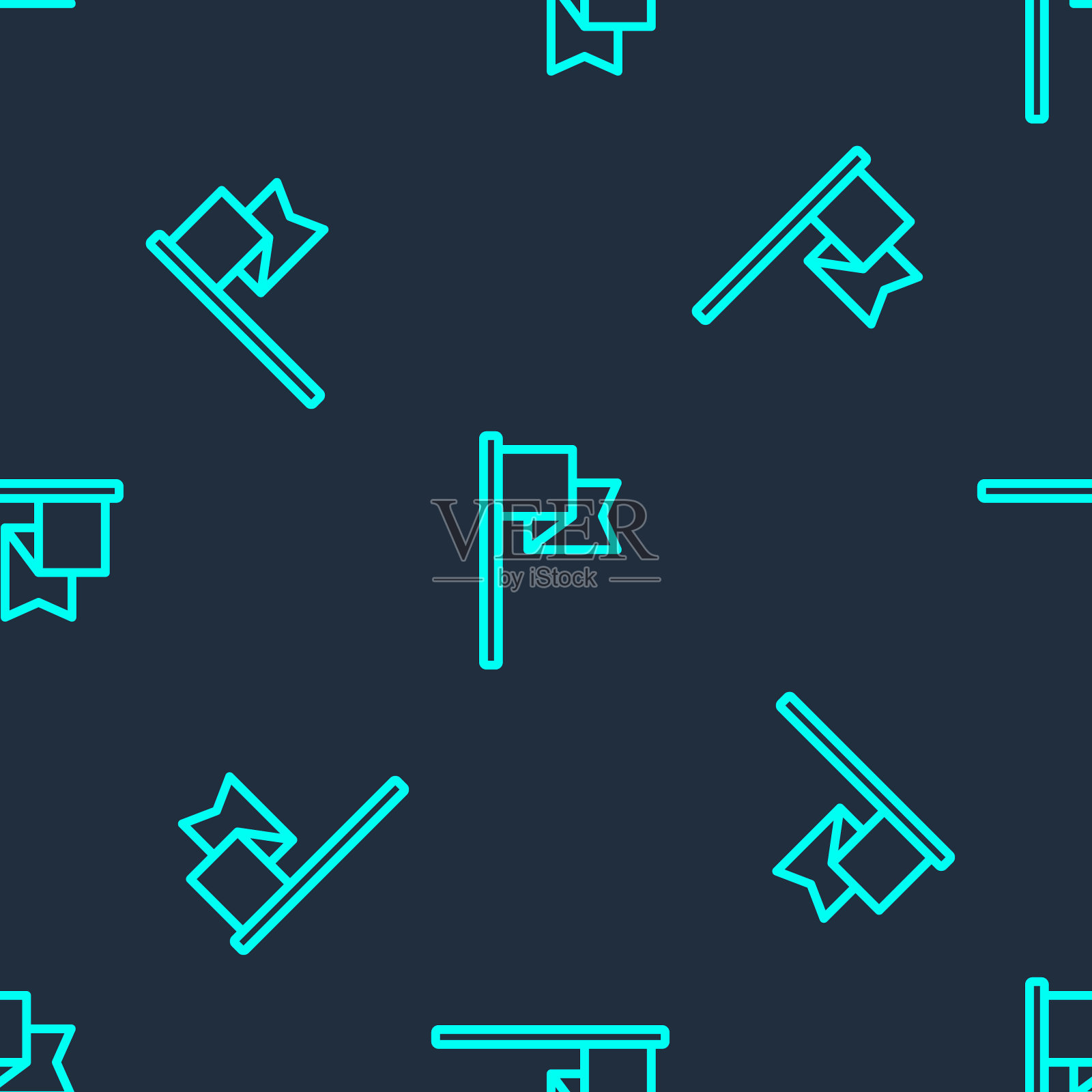 绿线旗帜图标隔离无缝模式上的蓝色背景。位置标记符号。向量插画图片素材