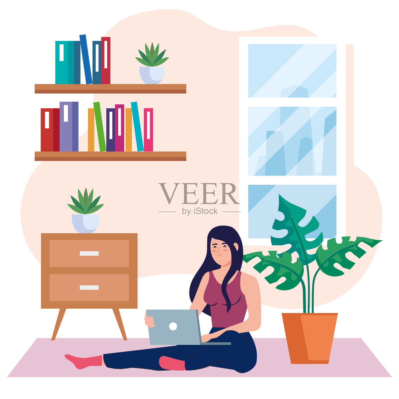 在家工作,自由职业者年轻女性坐在地板上,在家工作节奏轻松,工作场所方便插画图片素材