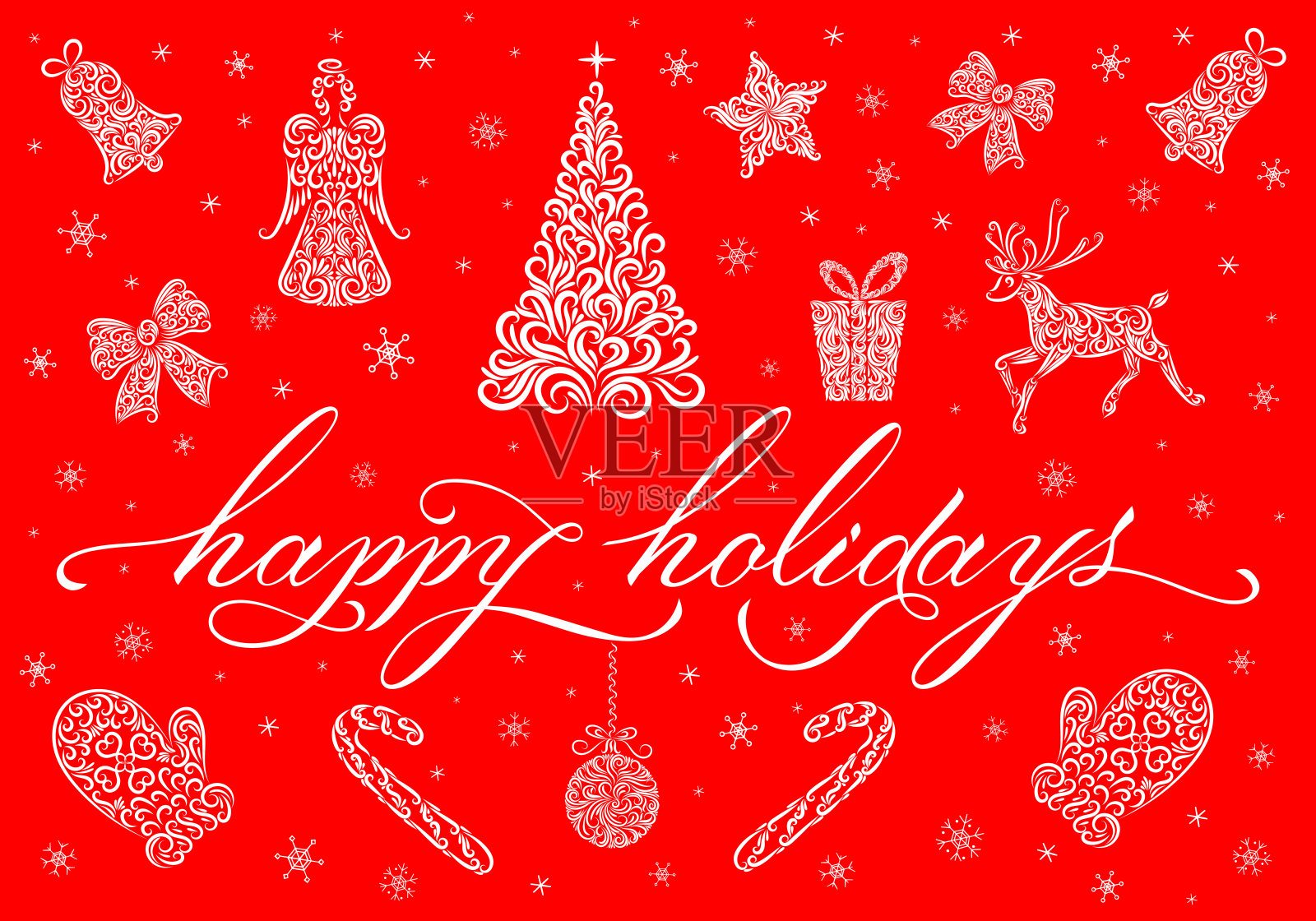 节日快乐的装饰品:字母、冷杉树、天使、驯鹿、圣诞球、礼物、星星、铃铛、蝴蝶结、焦糖手杖、手套、雪花。向量插画图片素材