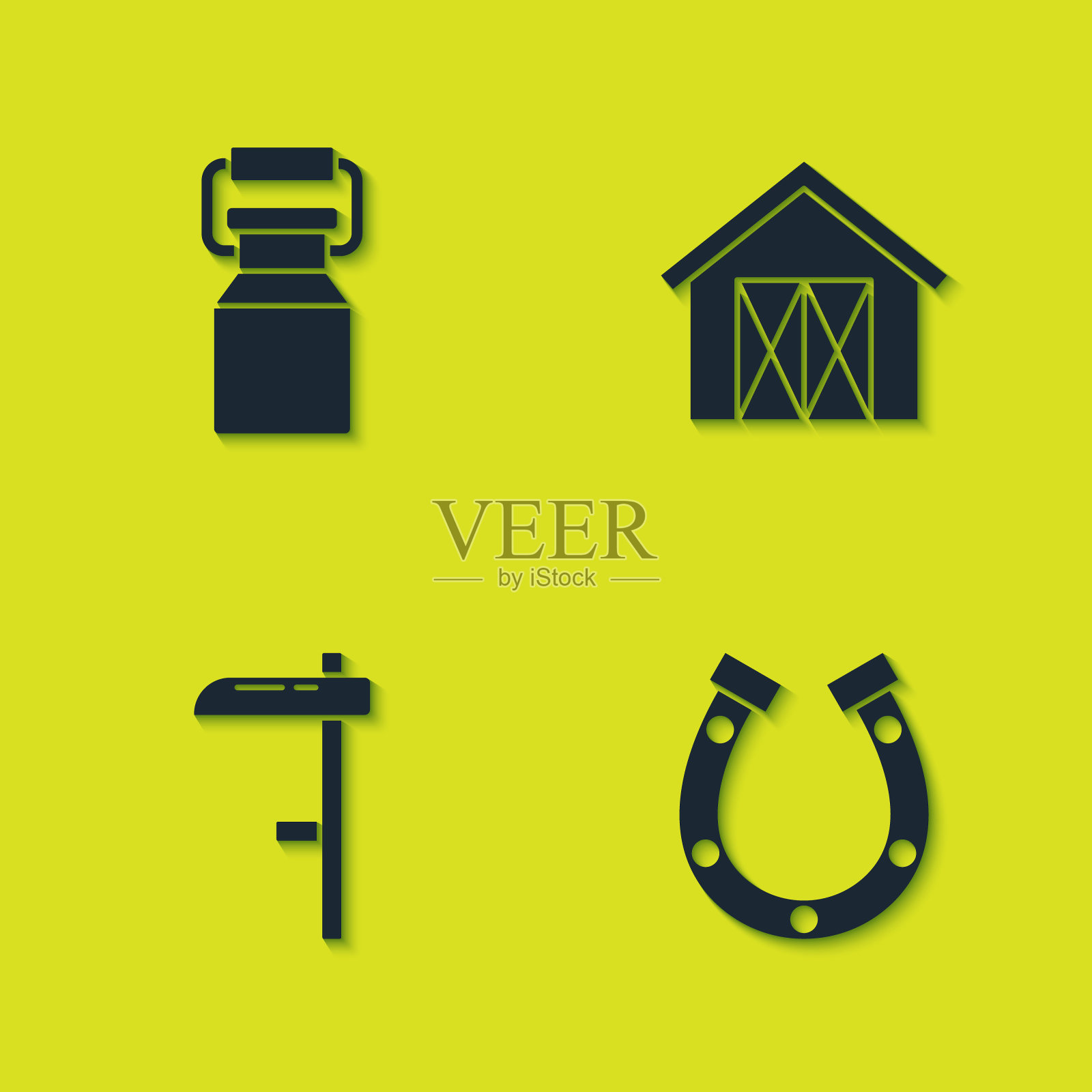 设置可以容器牛奶,马蹄铁,镰刀和农场房子的图标。向量图标素材