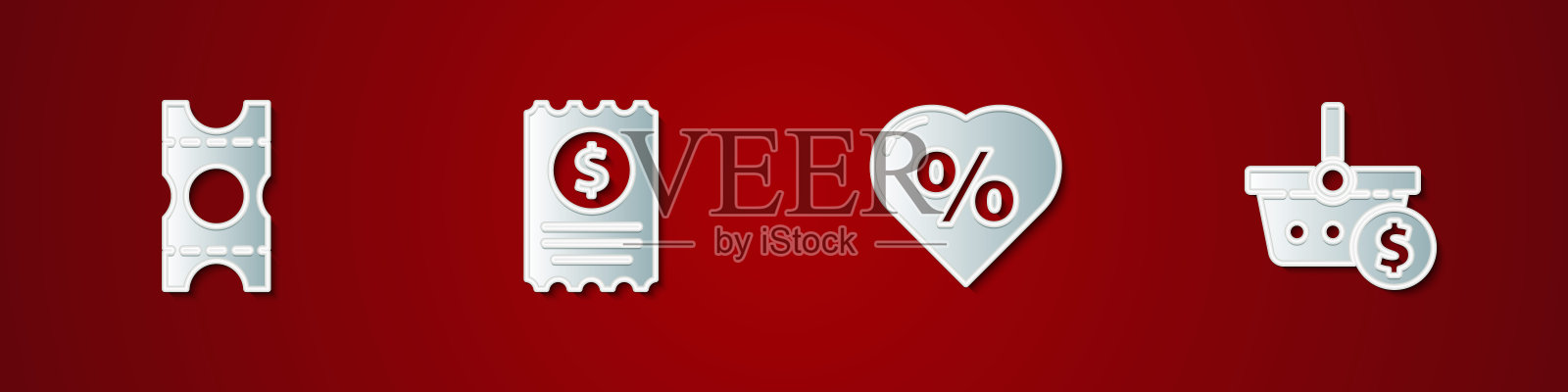 设置优惠券,纸张检查和财务检查,折扣百分比标签心脏和购物篮美元图标。向量插画图片素材