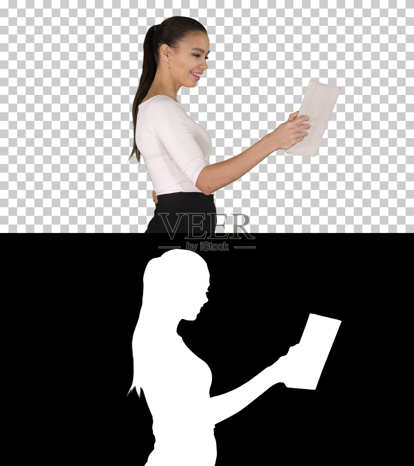 快乐女人用平板电脑,阿尔法频道打视频电话照片摄影图片