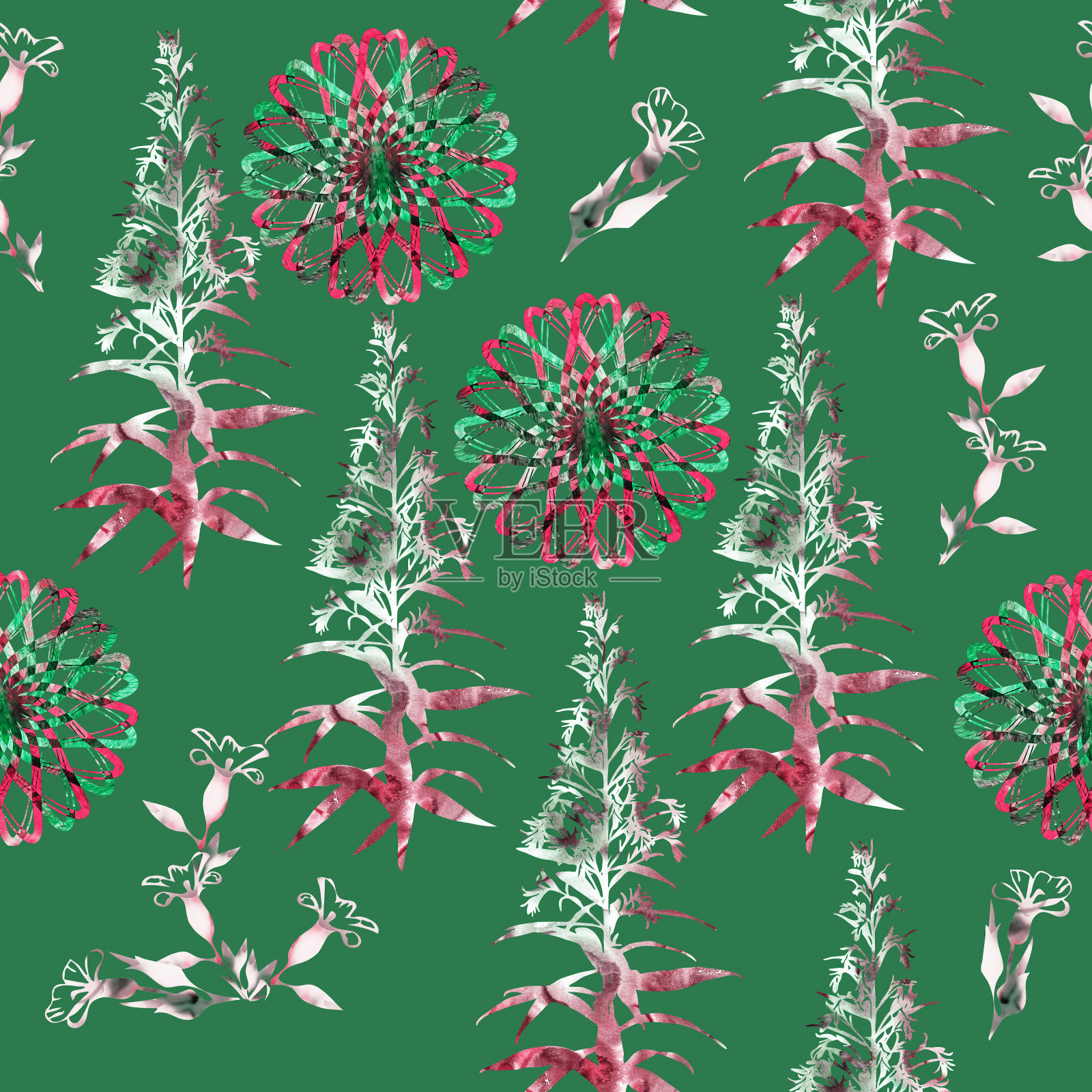 花卉和抽象元素,无缝图案。插画图片素材