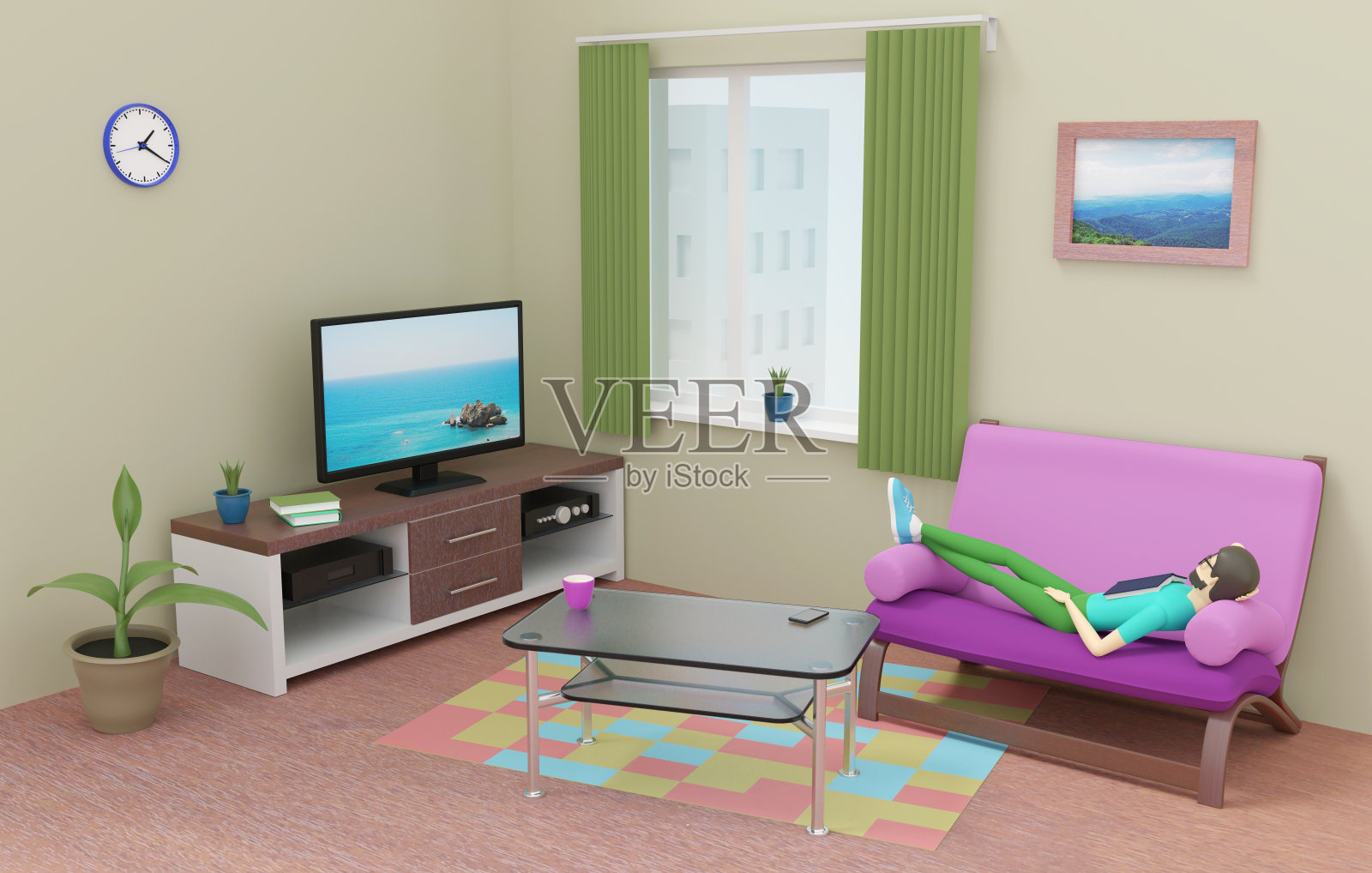 男人躺在沙发上,在客厅看电视。三维演示照片摄影图片