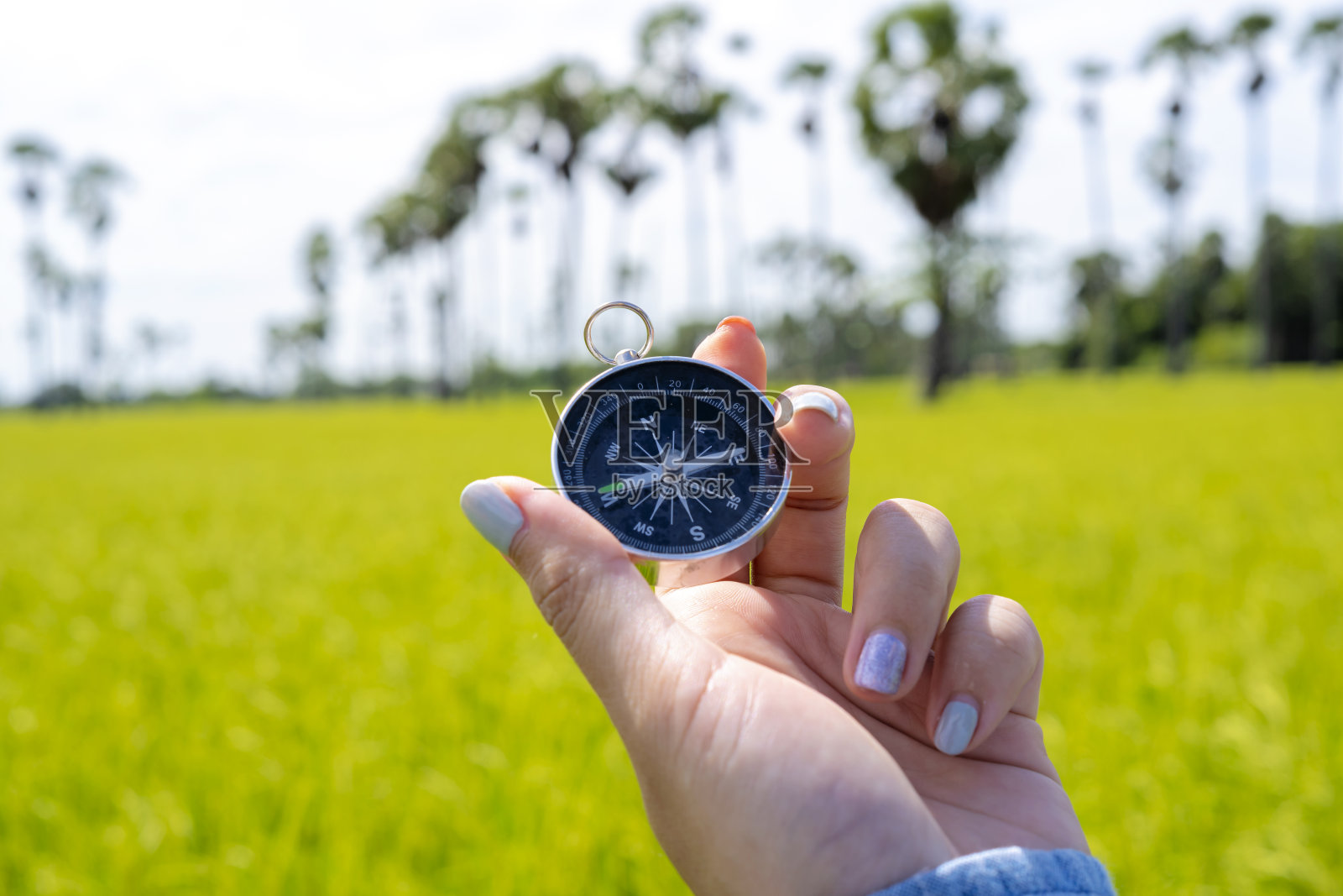女人在大自然背景下拿着指南针旅行照片摄影图片