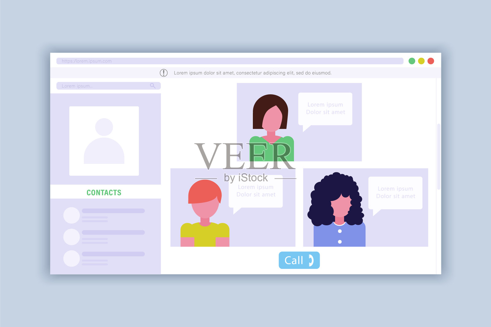 聊天应用程序网页设计模板,现代用户界面和内容模型插画图片素材