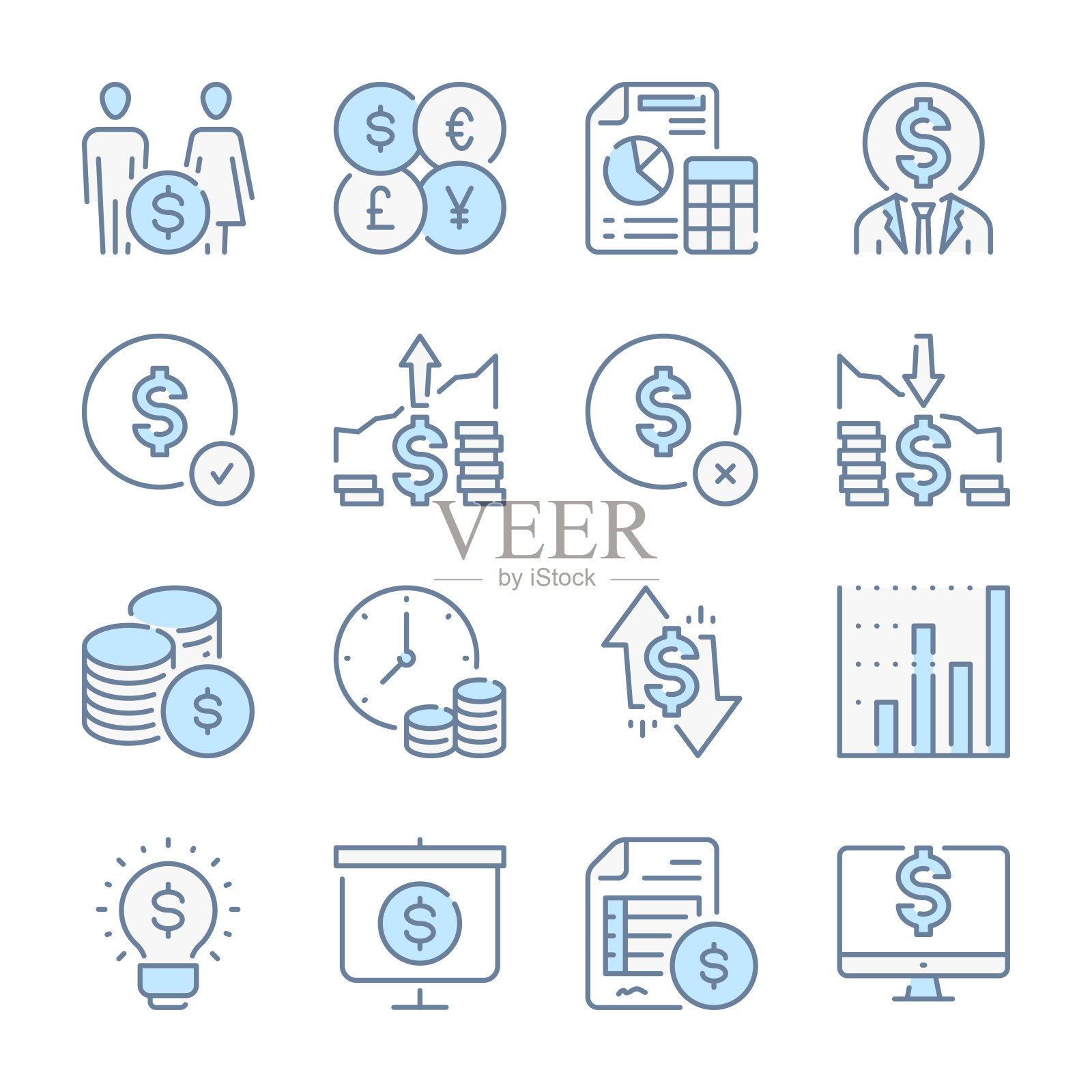 金钱,现金和储蓄相关的蓝色线彩色图标。支付,家庭预算和美元图标设置。图标素材