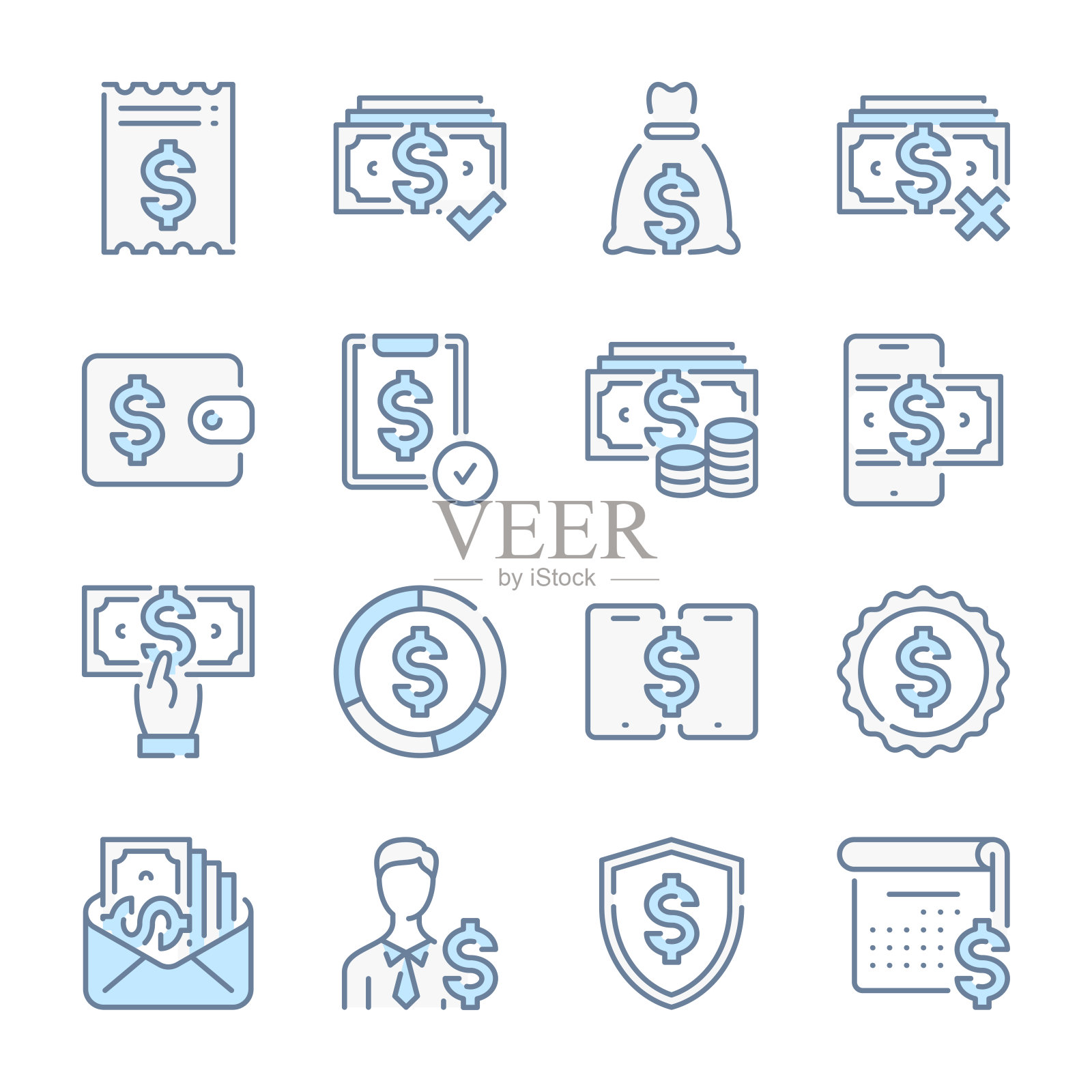 金钱,美元现金和支付相关的蓝色线彩色图标。金融和商业图标集。图标素材