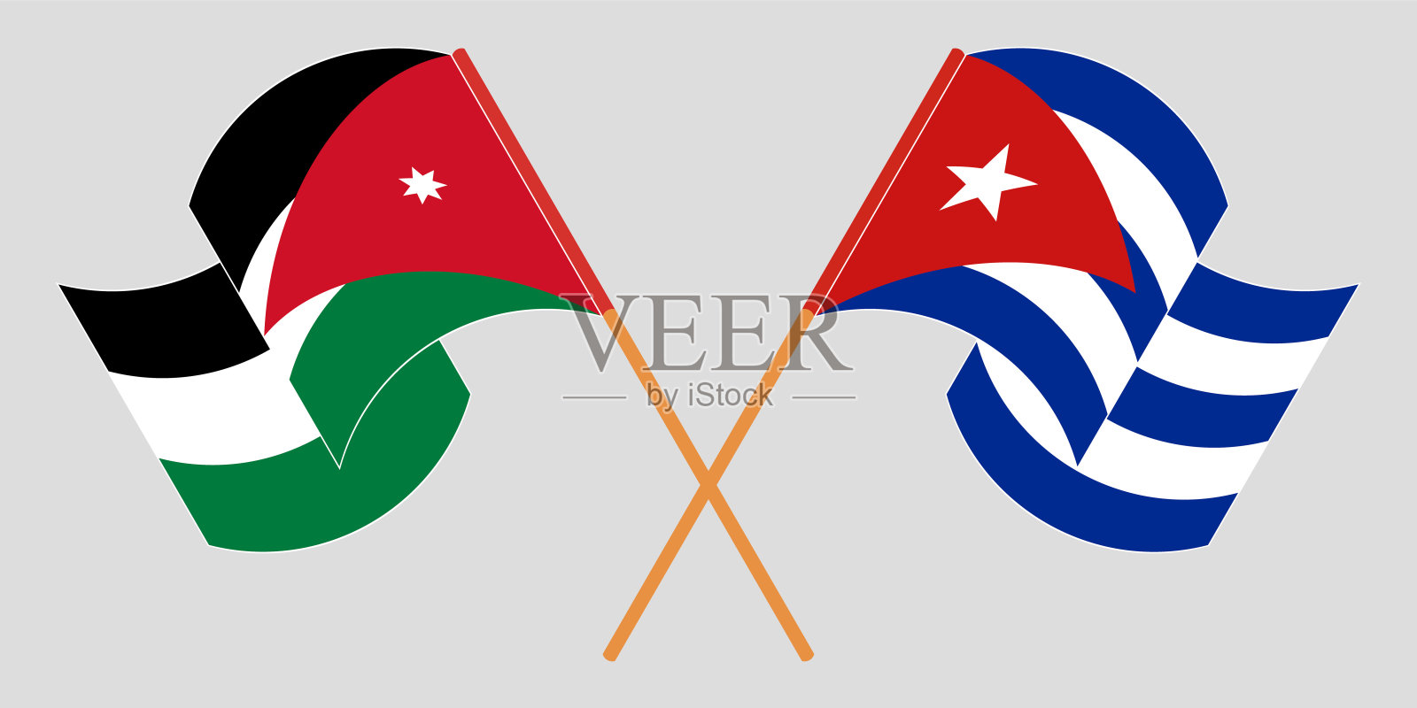 约旦和古巴的旗帜交叉飘扬插画图片素材