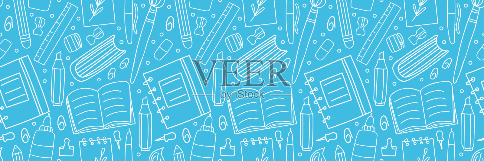 教育标志无缝旗帜。矢量在线学习网站横幅,在线学习横向涂鸦海报。白线隔离在背景上插画图片素材