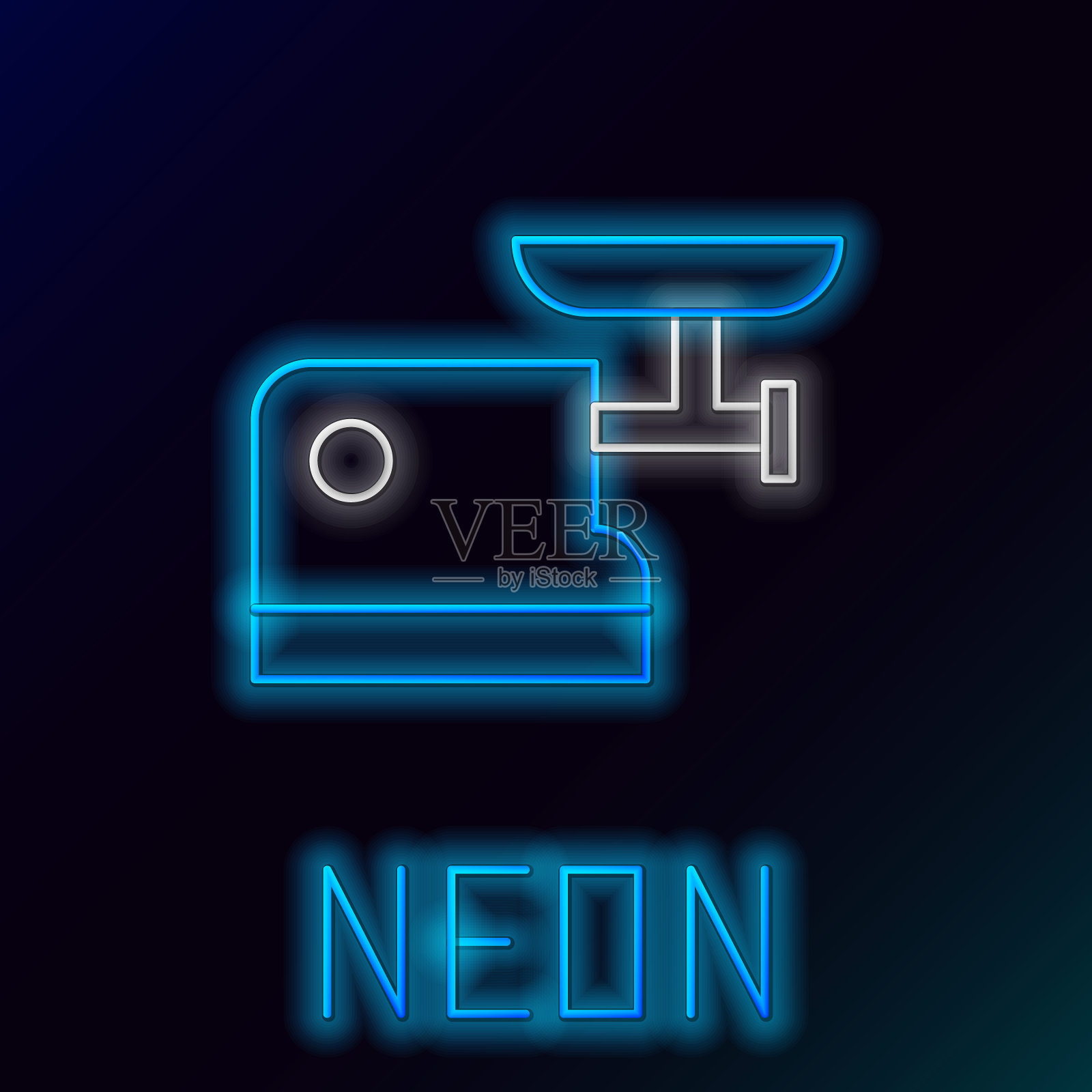 霓虹灯线厨房绞肉机图标孤立在黑色背景。色彩斑斓的轮廓的概念。向量插画图片素材