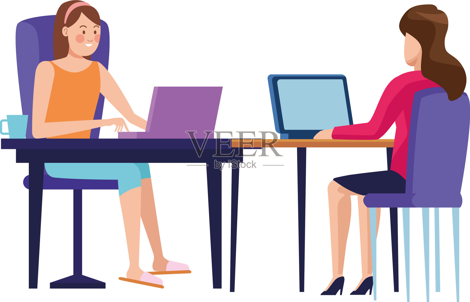 在笔记本电脑角色中工作的女性插画图片素材