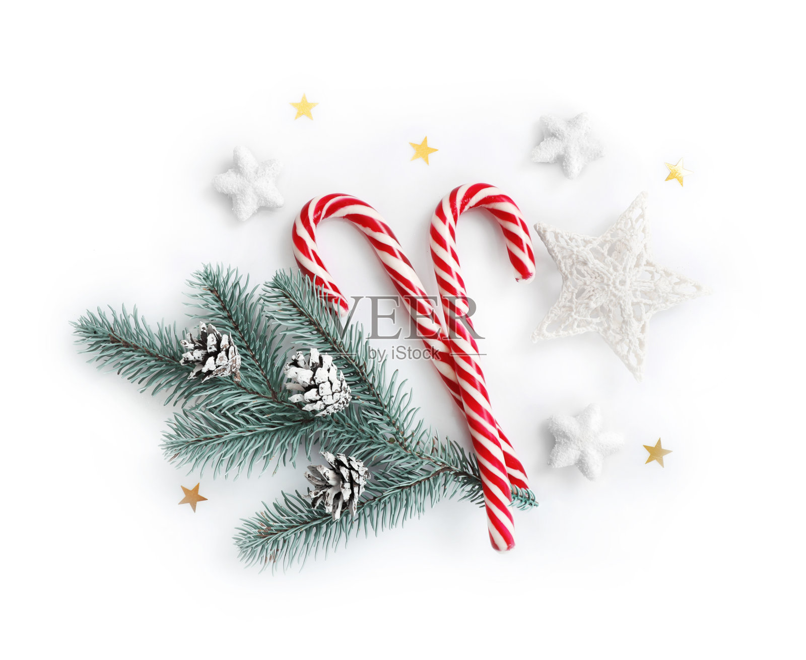 圣诞作文与糖果孤立在白色的背景。前视图。照片摄影图片