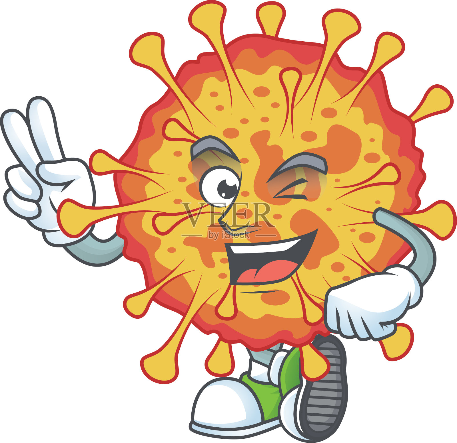 一种欢快的新型冠状病毒,伸出两根手指插画图片素材