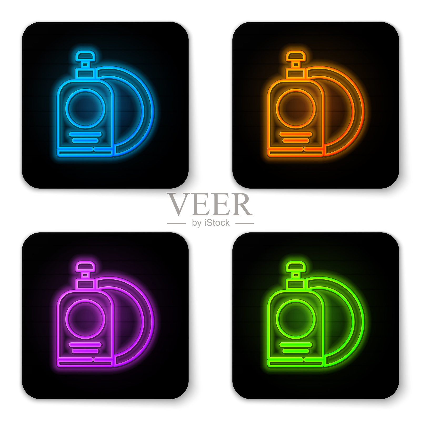 发光的霓虹灯洗碗液瓶子和盘子图标素材