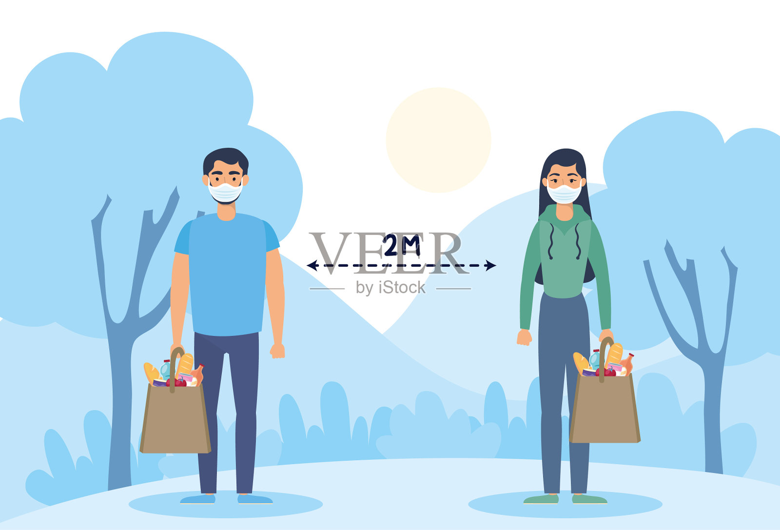 夫妇用口罩购物插画图片素材