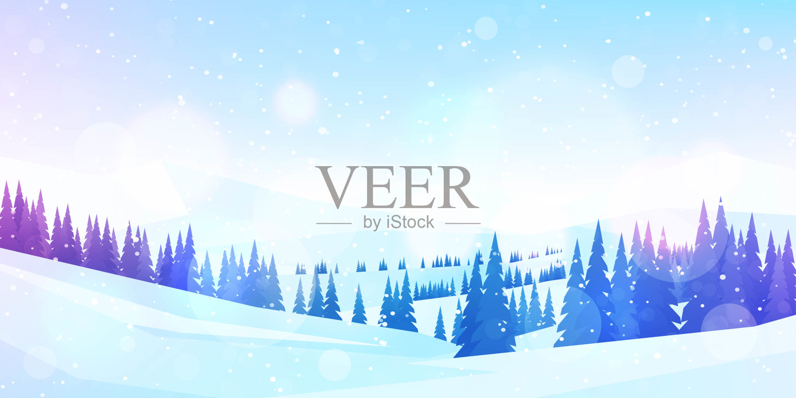 矢量插图。平坦的风景。下雪的背景。雪。降雪。湛蓝的天空。暴雪。卡通壁纸。寒冷的天气。冬天的季节。森林树木和山脉。设计网站插画图片素材