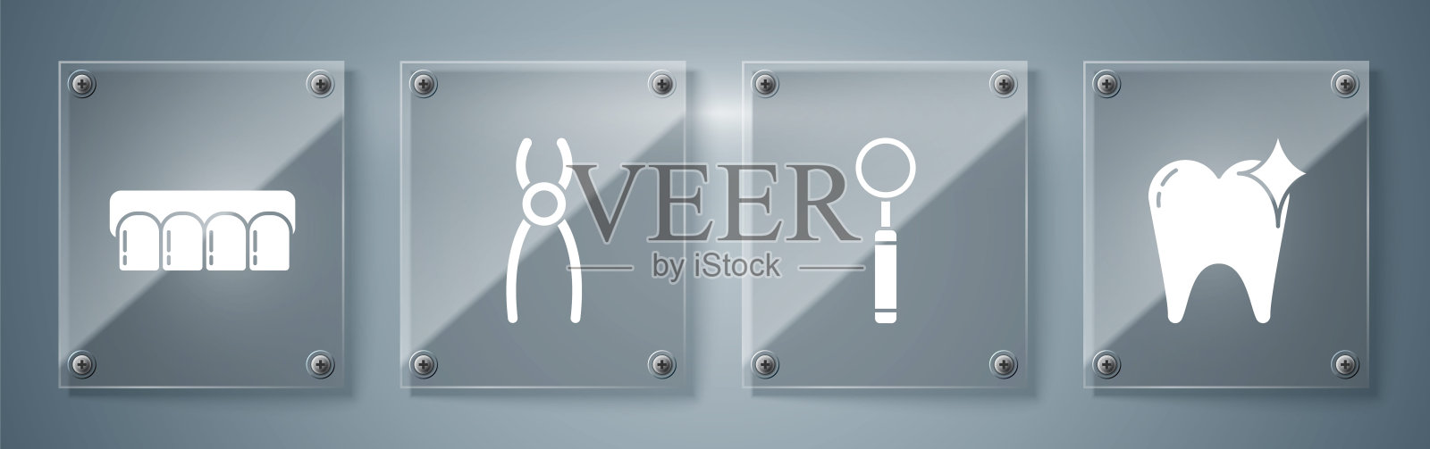 集牙齿美白理念、牙齿检查镜、牙钳、假牙模型于一体。方形玻璃面板。向量插画图片素材