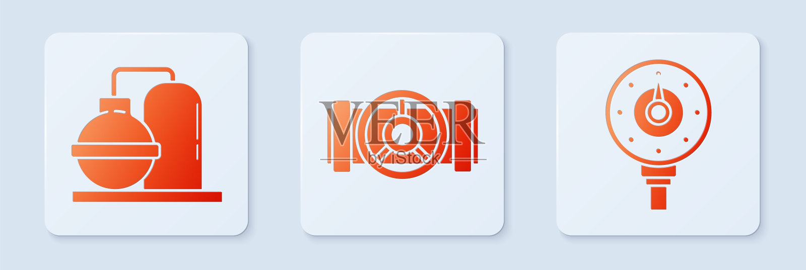 设置工业金属管道和阀门,石油和天然气工业厂房和汽车气体表。白色正方形按钮。向量插画图片素材