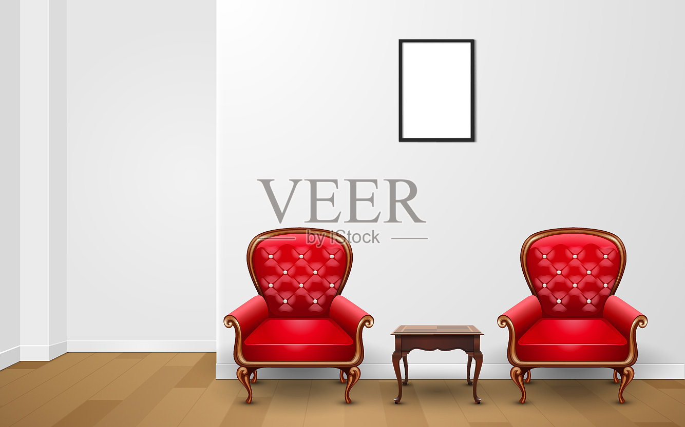 房间里有红椅子和木桌插画图片素材