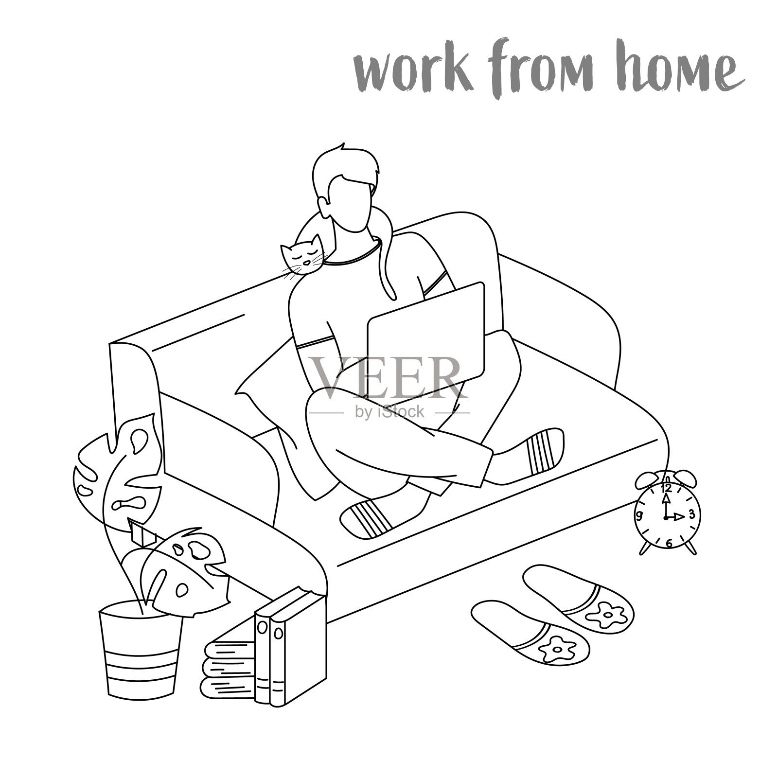 居家办公一组概念涂鸦。沙发上有个拿着笔记本电脑的男人。插画图片素材