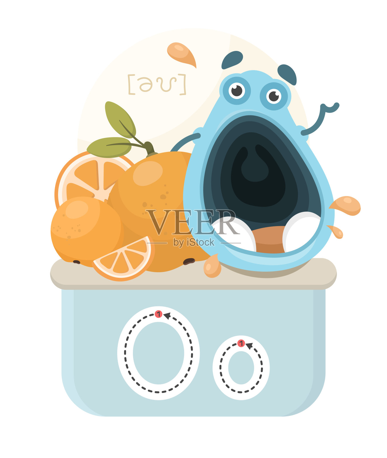 学习英语字母。有趣的卡通人物与橙子和字母。抄写字母的方法。矢量图插画图片素材