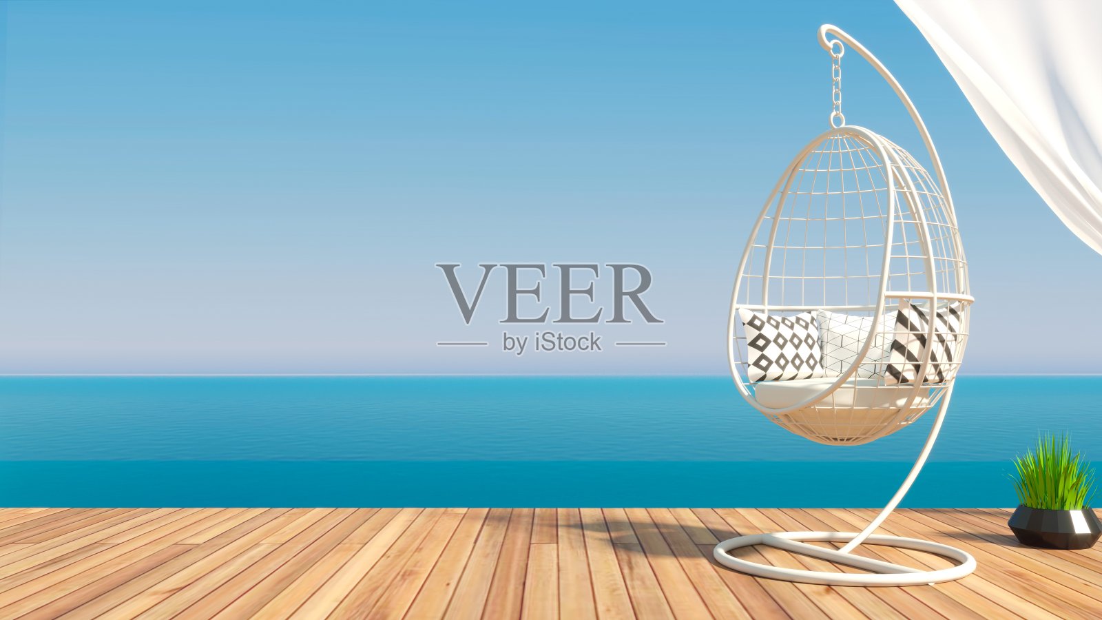 现代别墅的阳台,有一个蚕茧秋千照片摄影图片