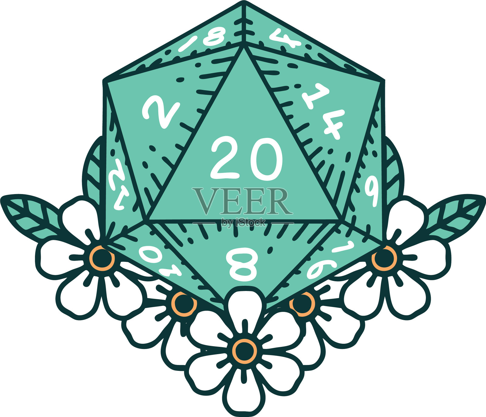 自然20 d20骰子滚动与花卉元素设计元素图片