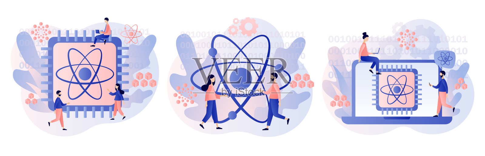 量子计算的概念。光学技术、光子学研究。研究量子计算机芯片的微型工程师和科学家。现代平面卡通风格。矢量图插画图片素材