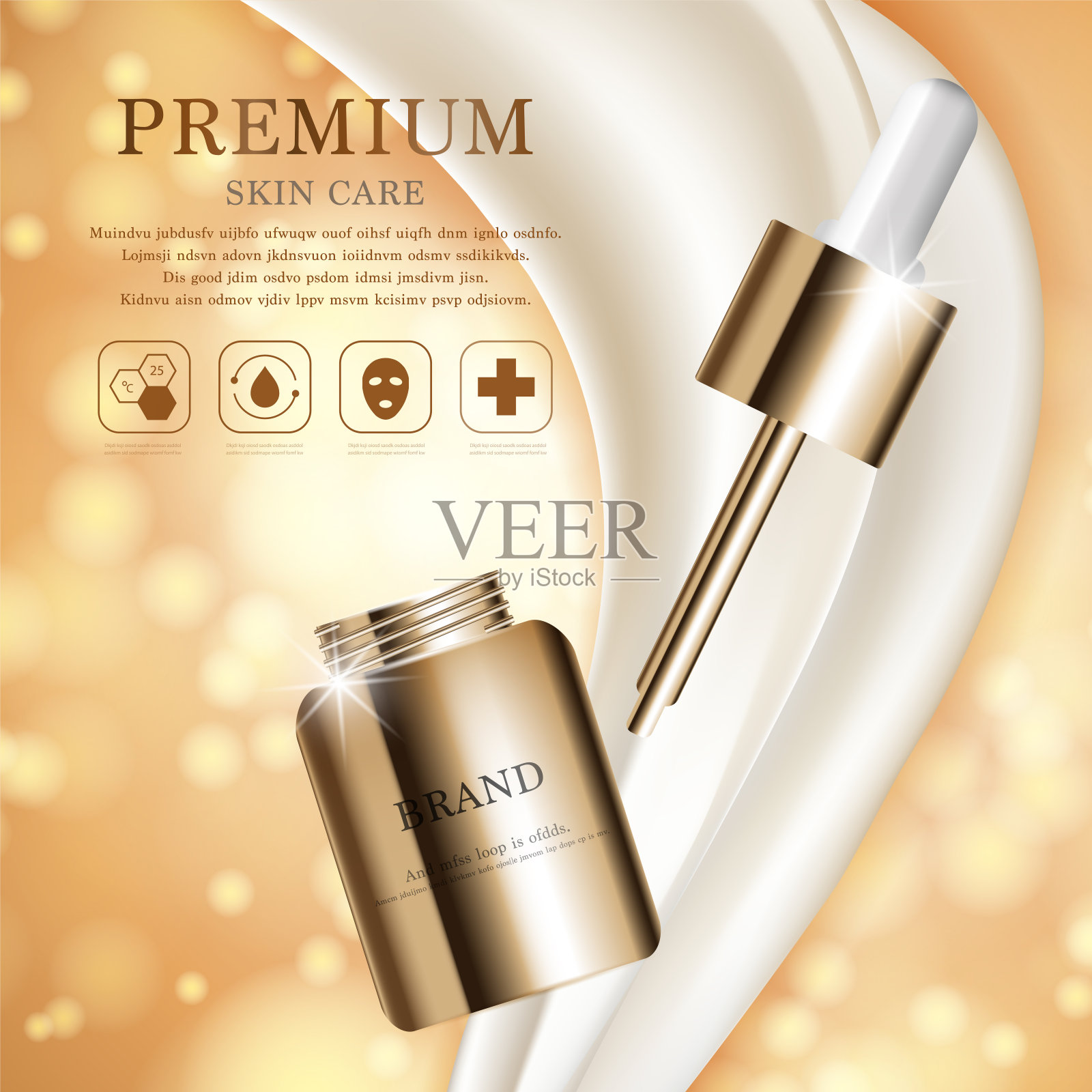 补水面部精华液年度销售或节日销售。银和金精华面膜瓶分离的闪光颗粒背景。优雅的化妆品广告。插画图片素材