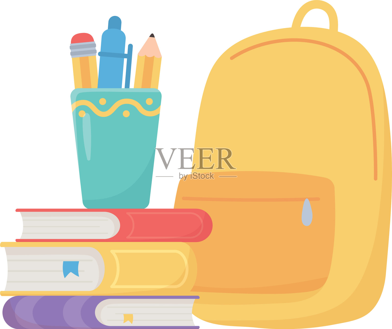 孤立的书包、铅笔、马克杯和书设计元素图片