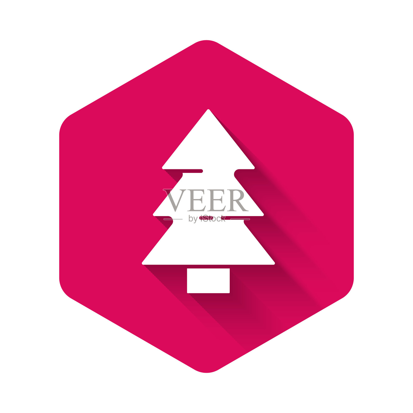 白色圣诞树图标,长阴影,圣诞快乐新年快乐粉色六边形按钮矢量图图标素材