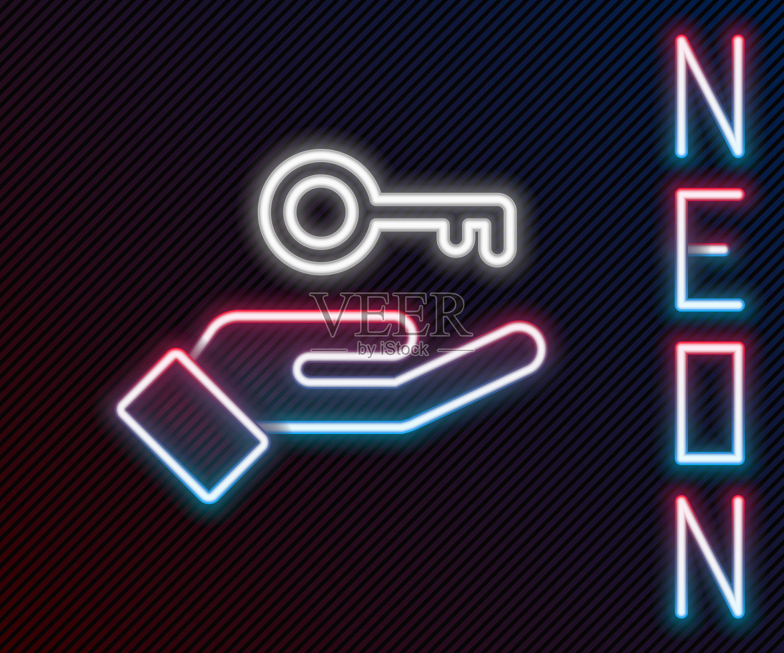 发光的霓虹灯线解决问题的心理图标孤立在黑色背景。关键。心理健康治疗彩色轮廓概念。向量插画图片素材