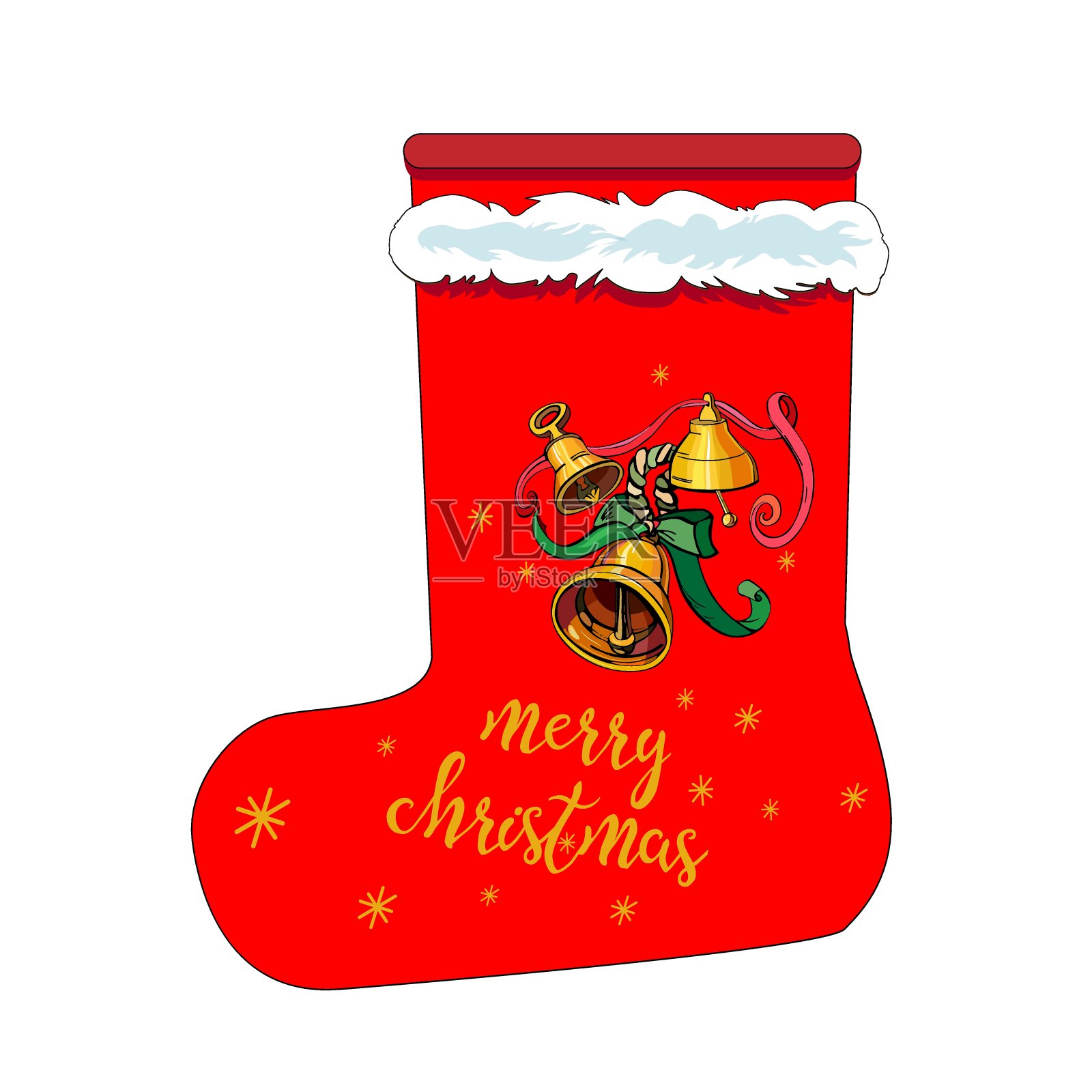 红色的圣诞袜,带有铃铛和字母圣诞快乐孤立在白色的背景。矢量图插画图片素材