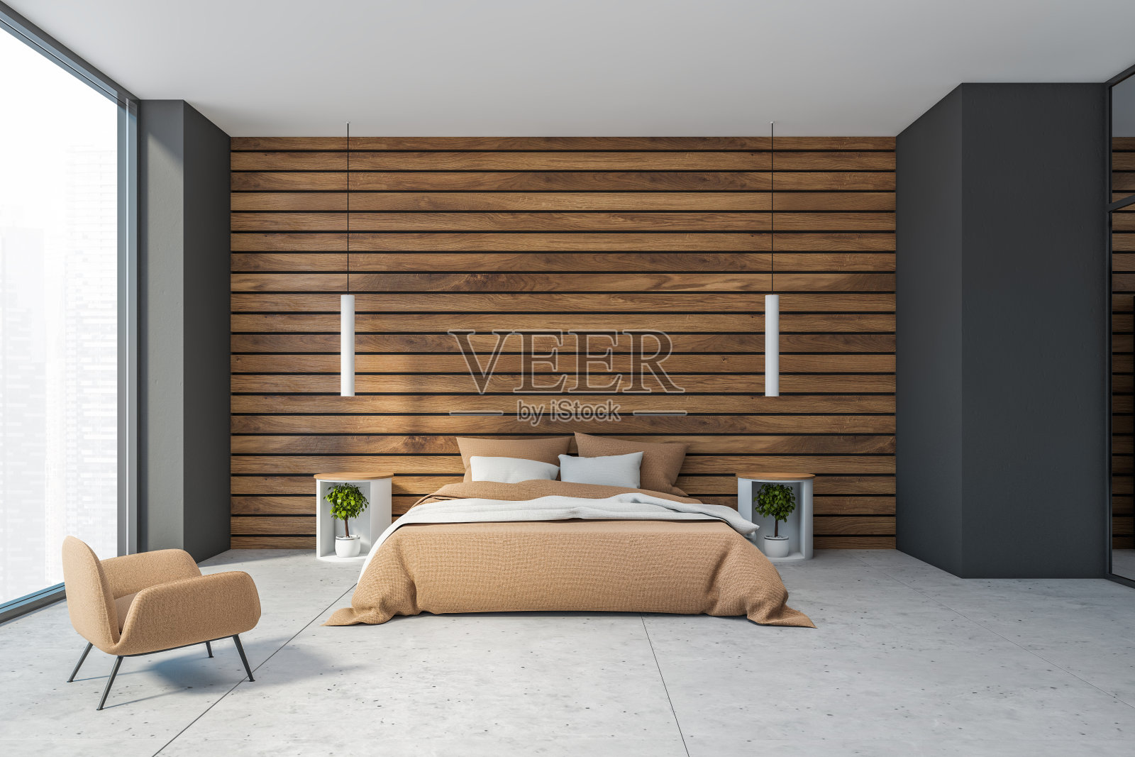 灰色和木制的卧室内部照片摄影图片