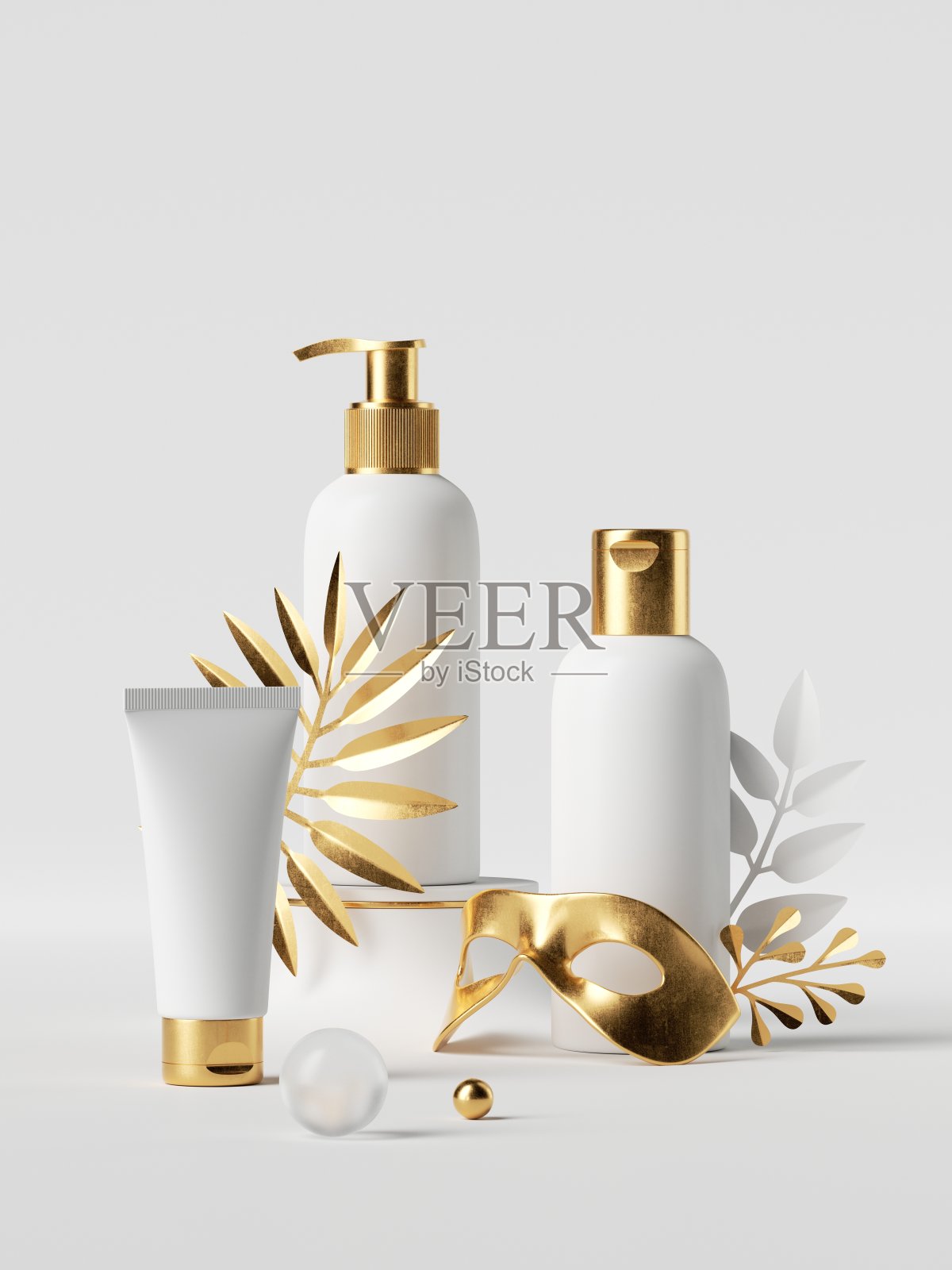 3d渲染,收集逼真的化妆品瓶子与黄金树叶和面具。高端设计美容产品套装。干净风格的模型,商业展示照片摄影图片