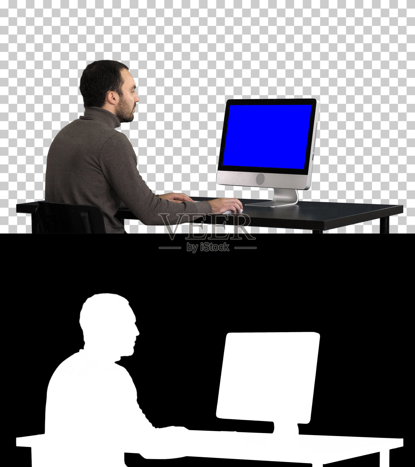 电脑上打字的人,阿尔法频道。蓝屏模拟显示照片摄影图片