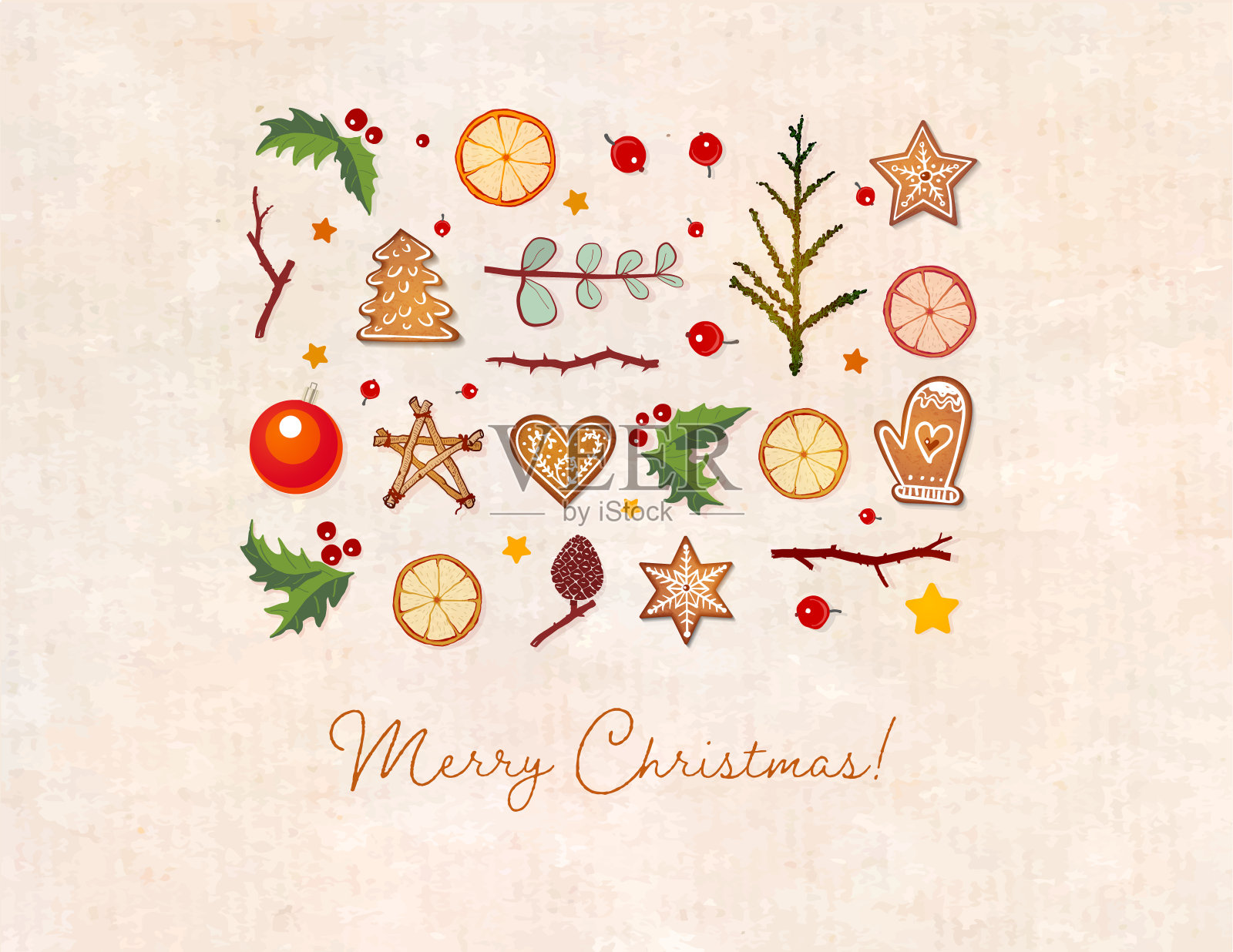 贺卡与圣诞装饰在复古纸背景设计模板素材