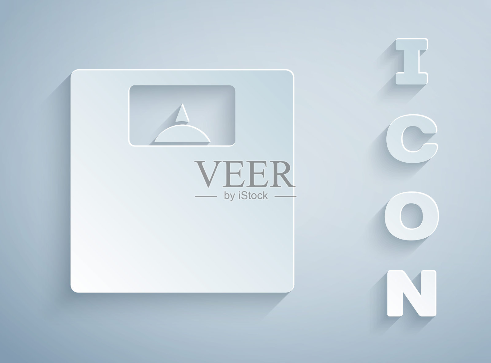 剪纸浴室秤图标孤立在灰色背景。体重测量设备。体重秤健身运动概念。纸艺术风格。向量图标素材