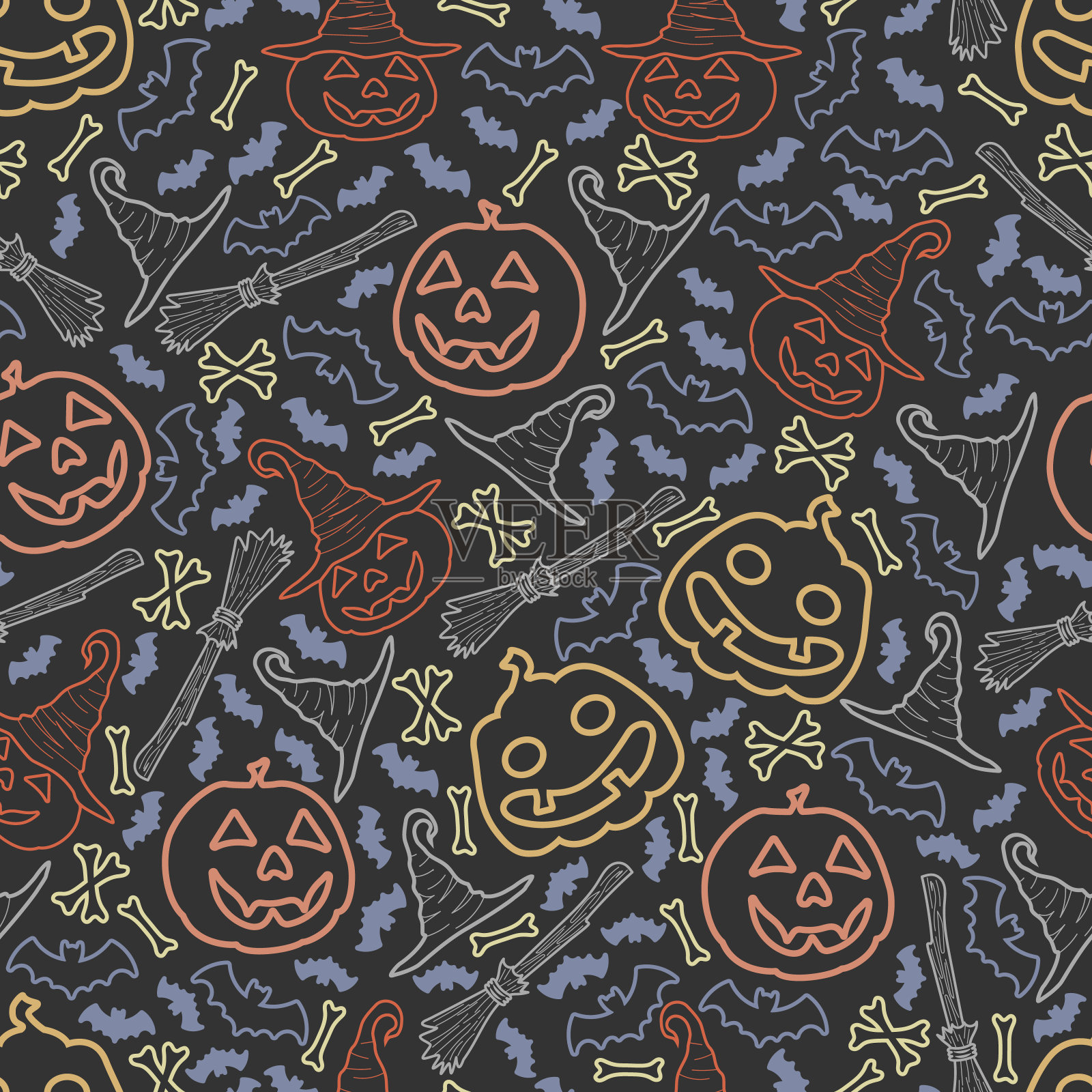 万圣节图案,有南瓜、骨头、帽子和蝙蝠。无缝万圣节图案。万圣节假期无缝图案背景。插画图片素材