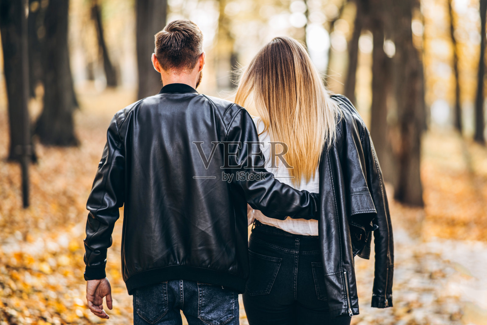 一对幸福的情侣在秋天的公园里散步。男人和女人牵着手。后视图照片摄影图片