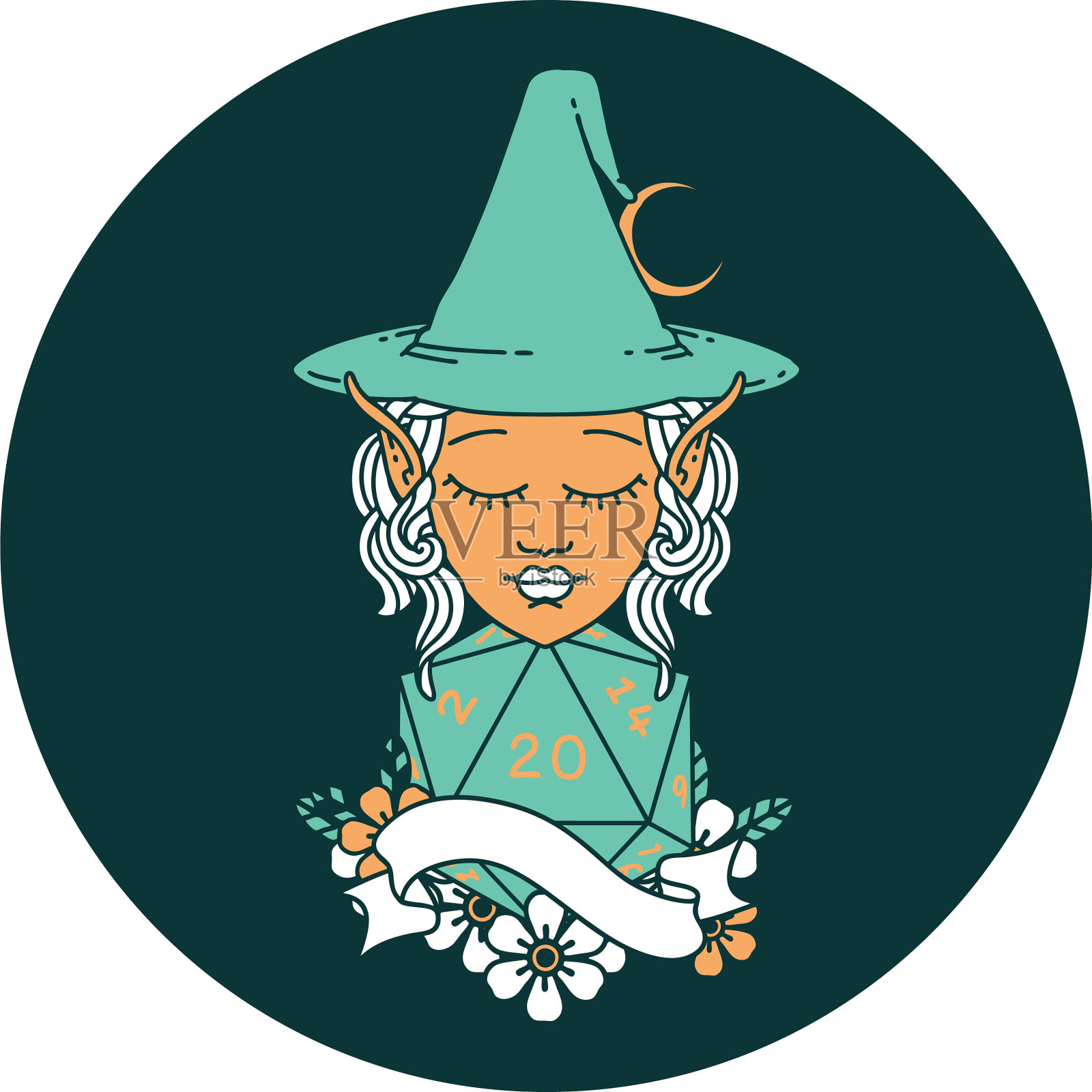 精灵法师角色与自然20骰子滚动插画图片素材