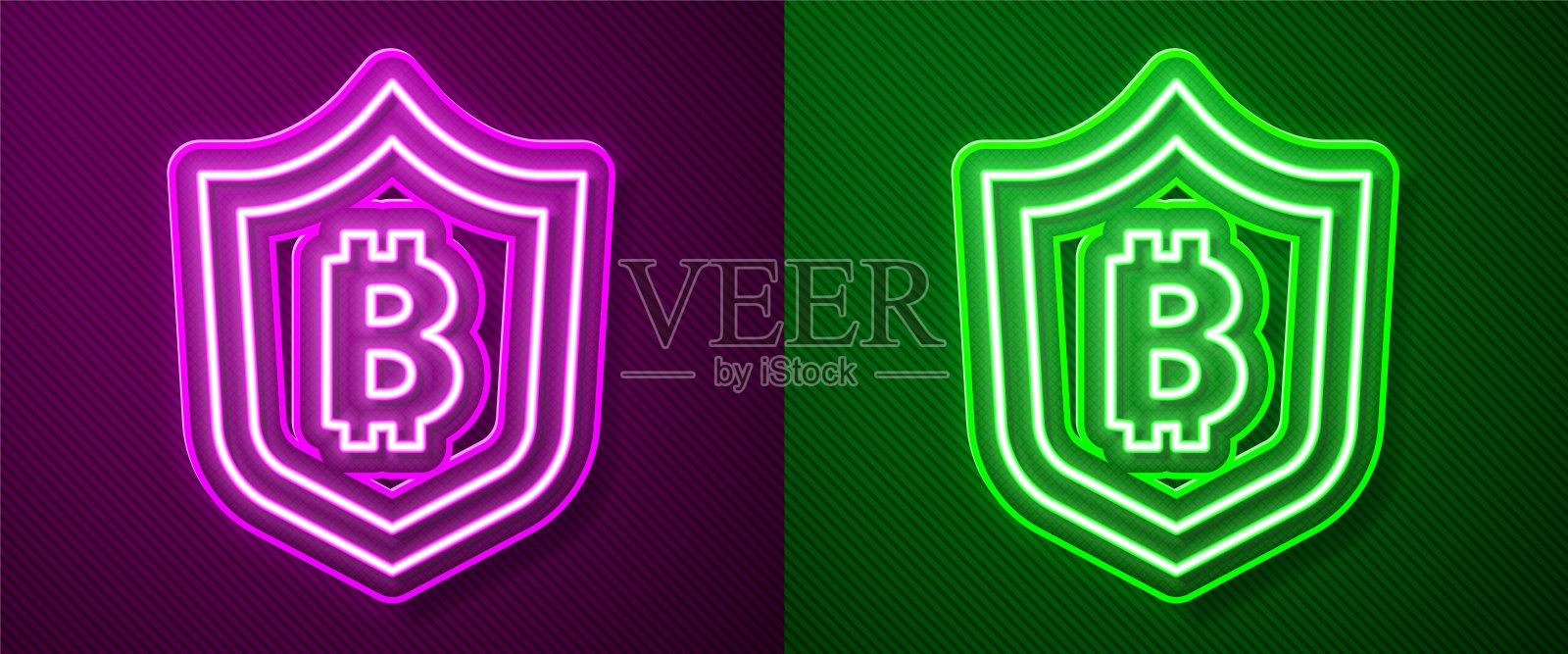 发光的霓虹线盾牌与比特币图标隔离在紫色和绿色的背景。加密货币挖矿、区块链技术、安全、保护、数字货币。向量插画图片素材