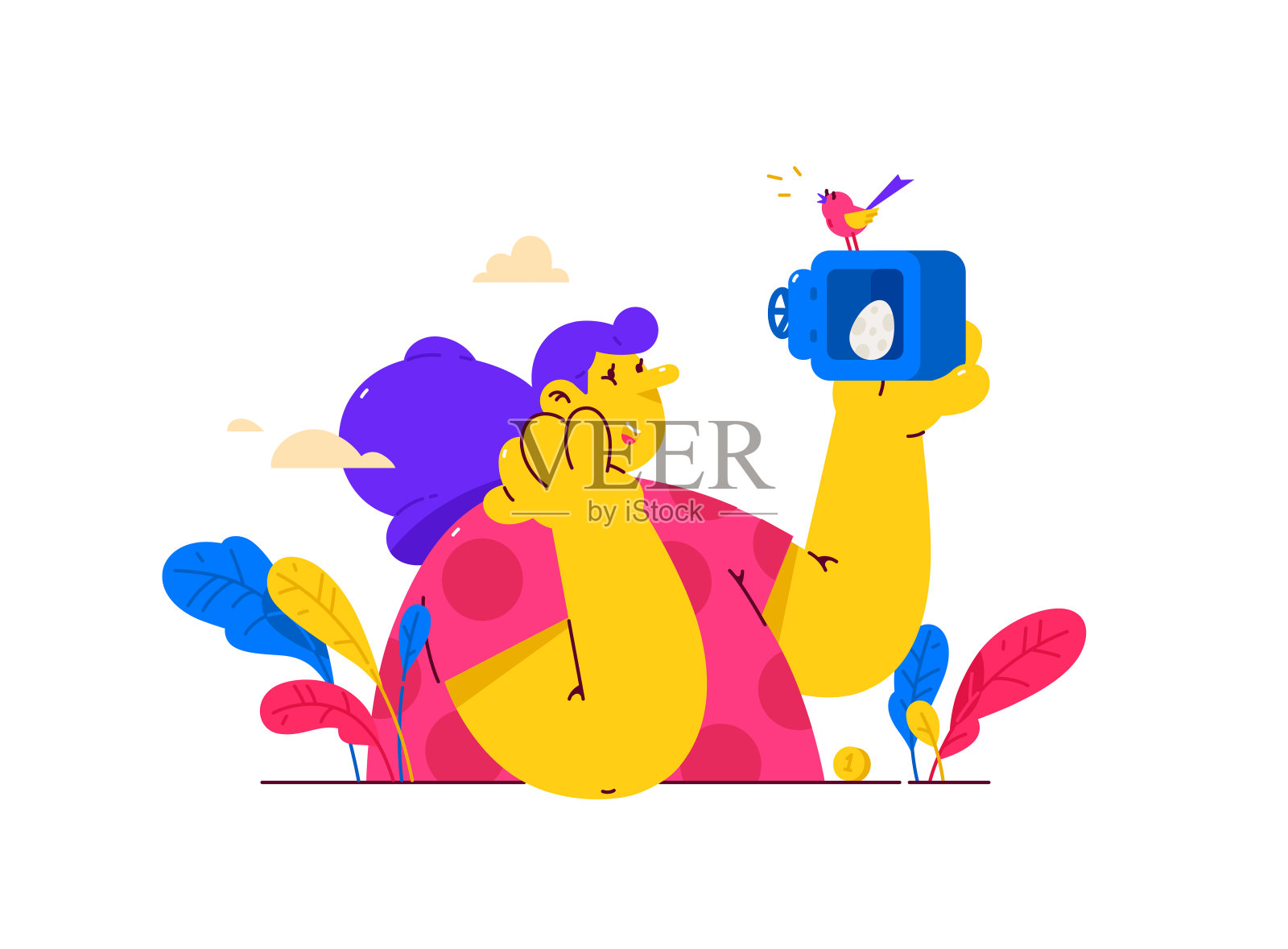 一个拿着保险箱的女孩和一只鸟的插图。一个关于把最有价值的东西保存在银行细胞的比喻。鸡蛋被存放在保险箱里。友好的字符。爱护和保护自然。家庭。插画图片素材